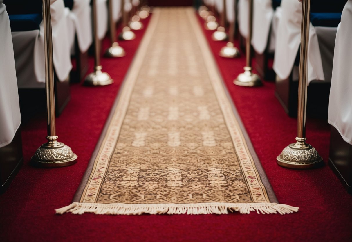 An aisle runner laid over carpet, secured at each end with decorative weights