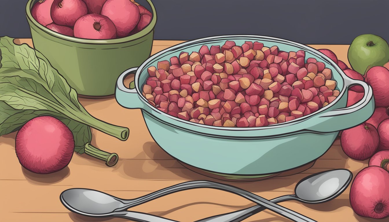 A bowl of rhubarb replacing cranberries in a pie recipe, with a measuring cup and spoon nearby