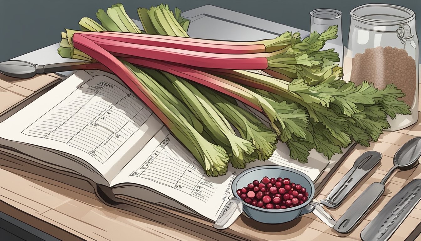 Rhubarb stalks and cranberries displayed on a kitchen counter with measuring spoons and a recipe book open to a page on alternative substitutions