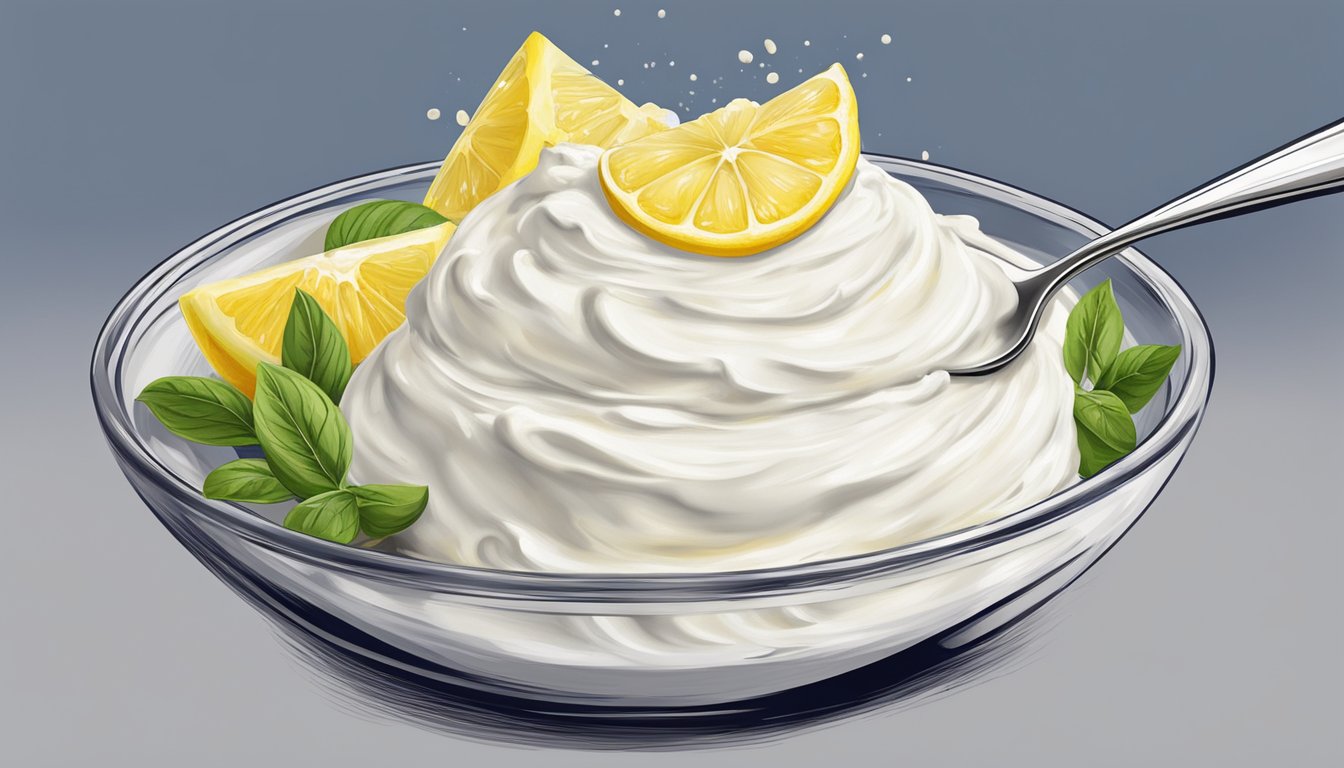 A bowl of ricotta cheese being mixed with lemon juice and cream to create a non-dairy mascarpone substitute