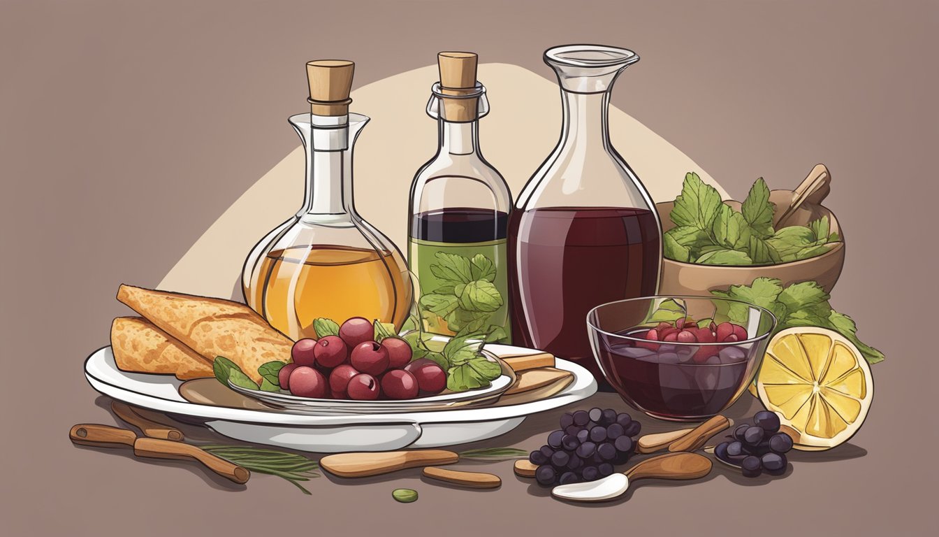 A bottle of red wine vinegar being poured into a dish of global cuisine ingredients, with a bottle of sherry vinegar nearby