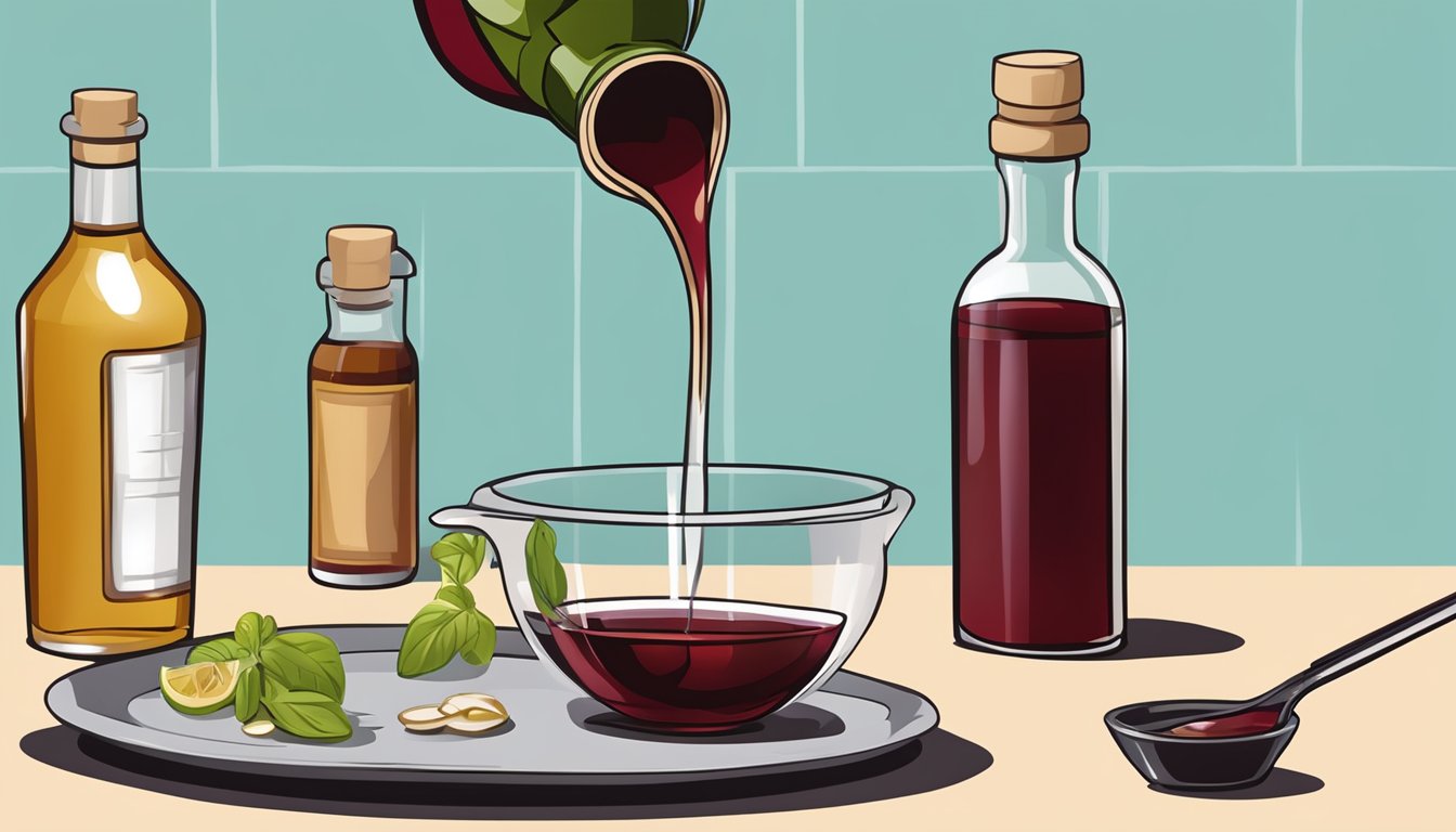 A bottle of red wine vinegar being poured into a measuring spoon, with a bottle of sherry vinegar in the background