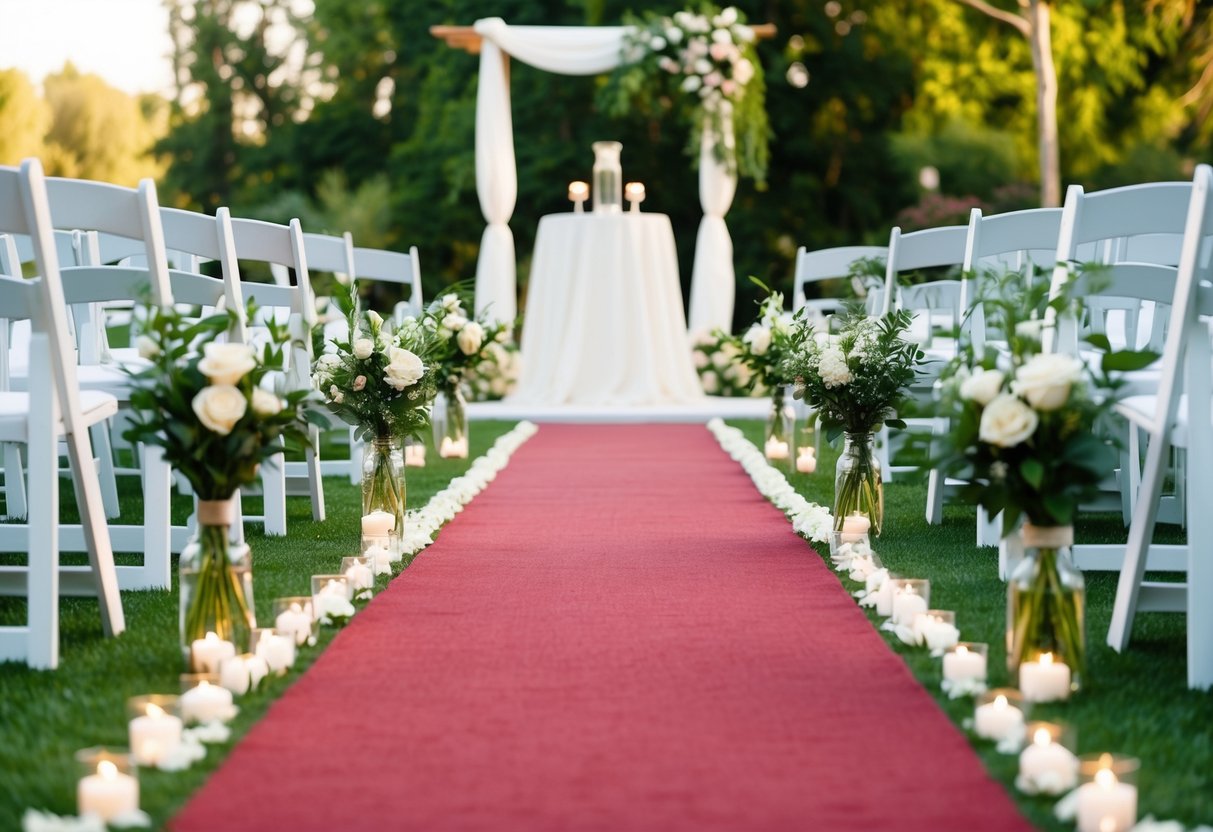 An outdoor wedding scene with a carpeted aisle runner leading to an altar adorned with flowers and surrounded by lush greenery