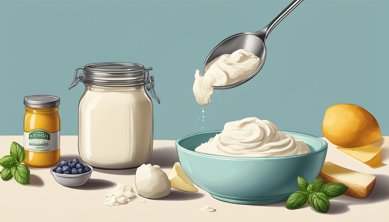 A bowl of ricotta cheese being spooned into a mixing bowl, alongside a jar of mascarpone, with various alternative ingredients nearby