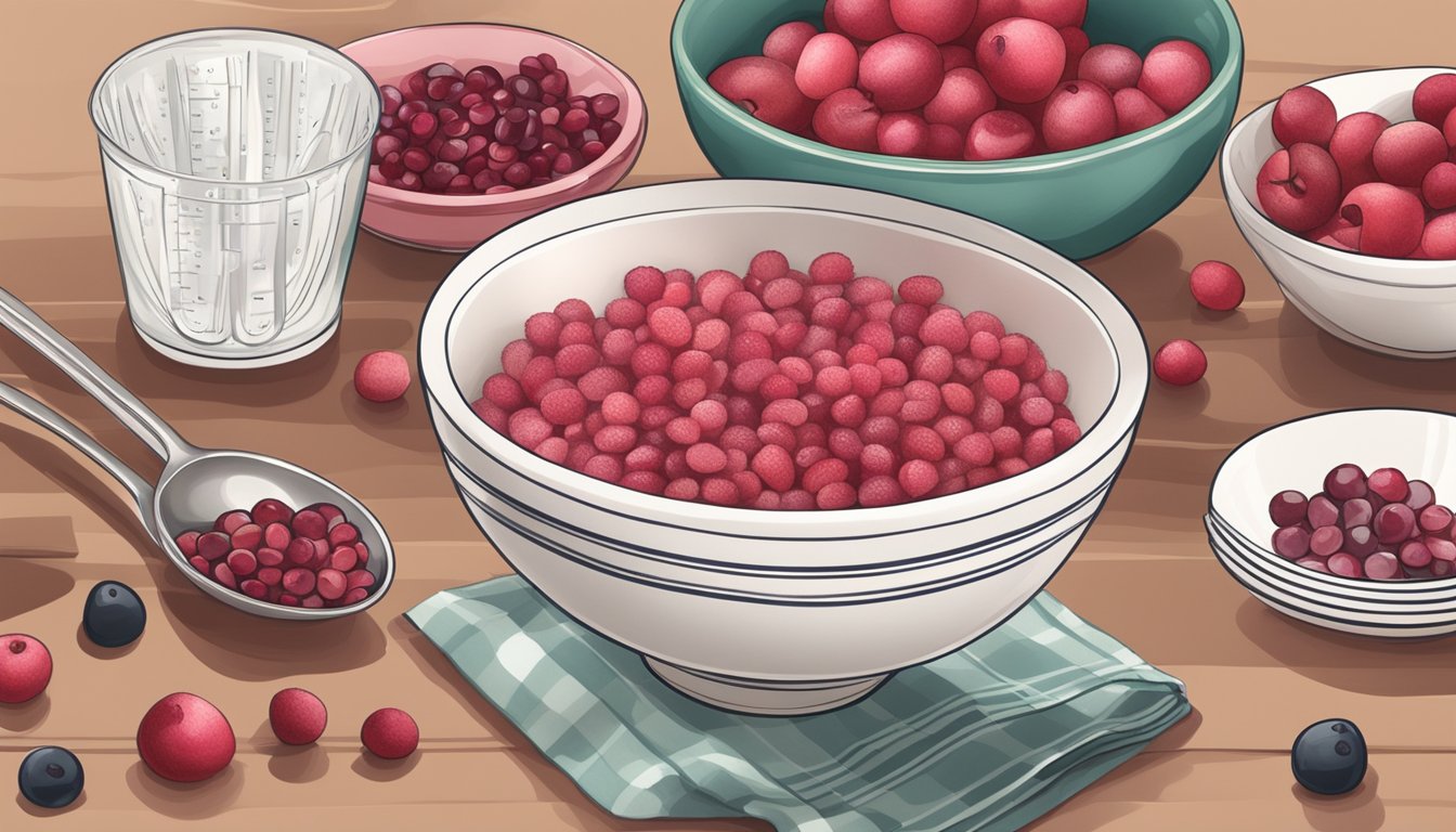 A kitchen counter with a bowl of rhubarb next to a bowl of cranberries, surrounded by measuring cups and spoons