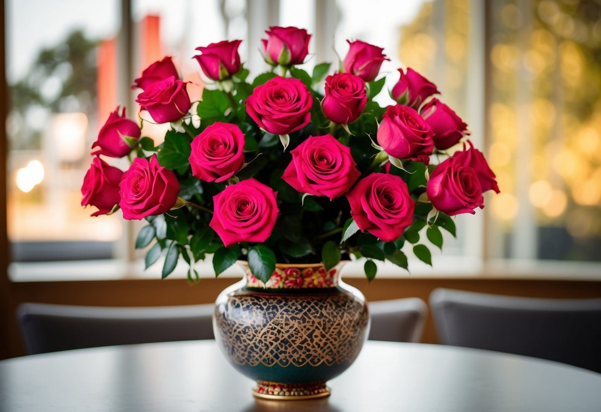 A bouquet of roses arranged in a decorative vase on a table