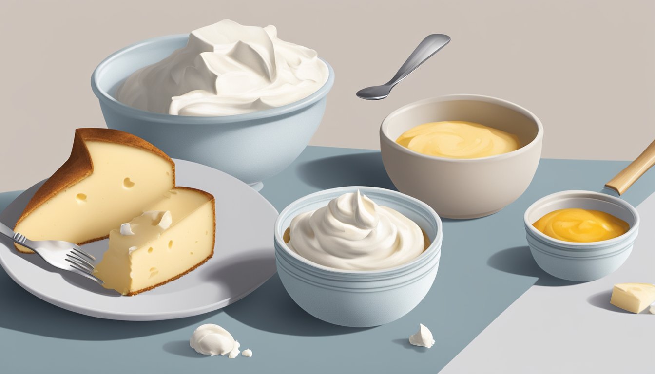 A bowl of ricotta cheese being smoothly spread onto a dessert dish, with a container of mascarpone cheese sitting next to it