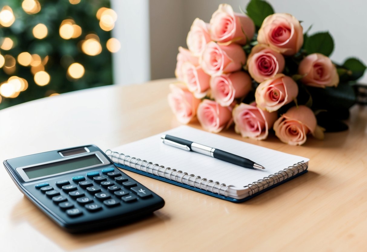 A table with a calculator, notebook, and pen. A pile of roses in the background