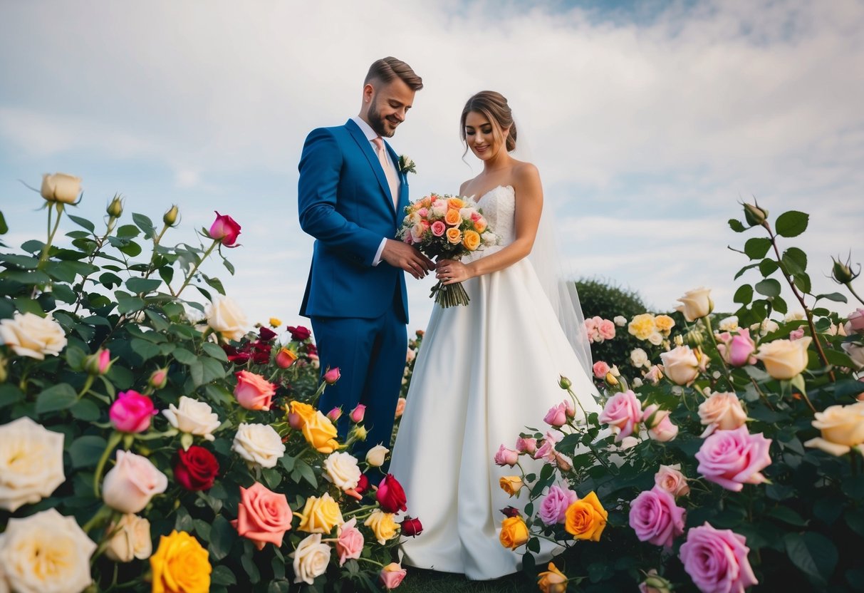 A bride and groom stand surrounded by a variety of colorful roses, carefully selecting the perfect blooms for their wedding