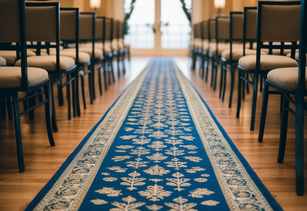 A long, unrolled aisle runner stretching across a spacious room with decorative patterns and designs