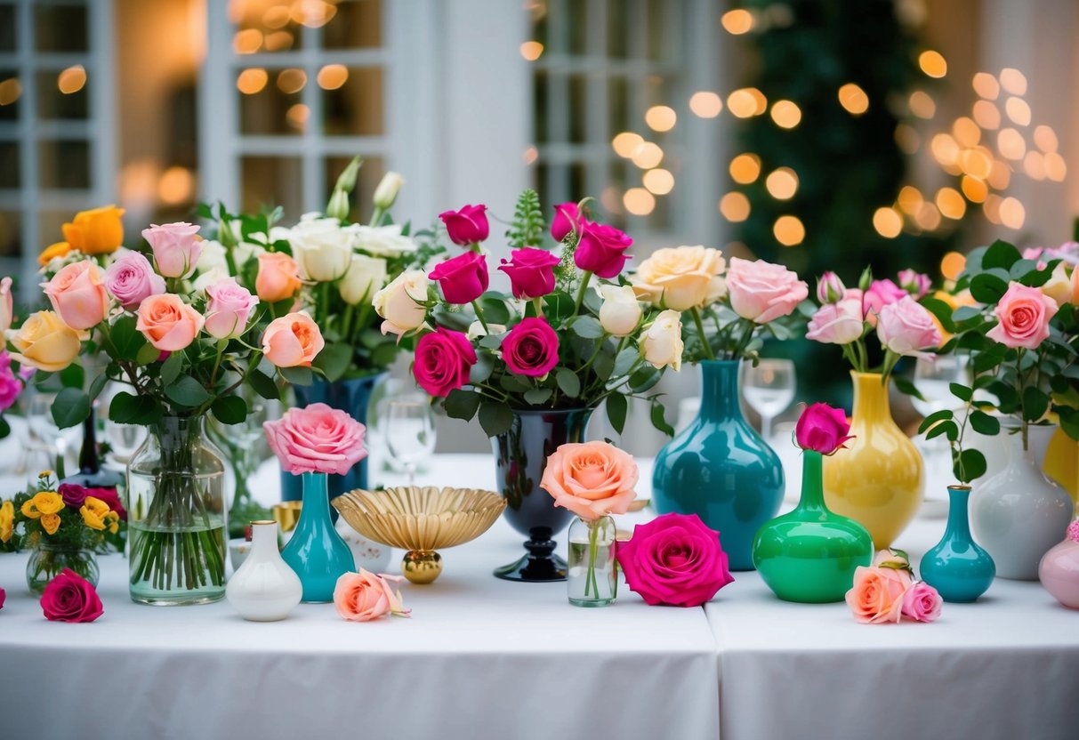 A table filled with various vases and floral arrangements, with roses of different colors and sizes scattered around
