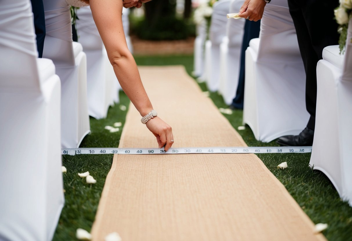 Aisle runner being measured and cut to fit the length of a wedding aisle