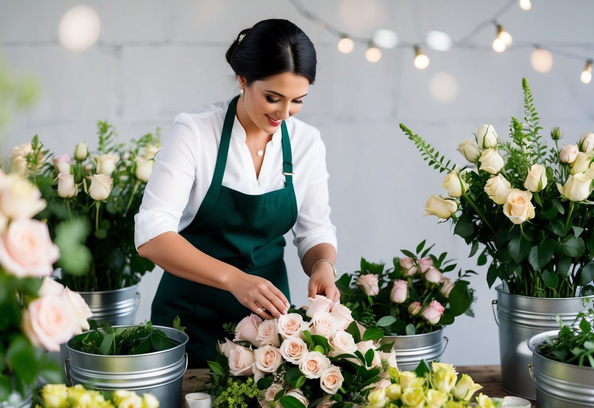 A floral professional arranging roses for a wedding, surrounded by buckets of fresh flowers and greenery