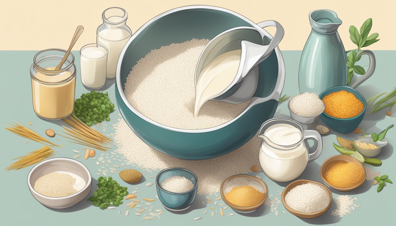 A pitcher of rice milk pouring into a mixing bowl with various vegan recipe ingredients scattered around