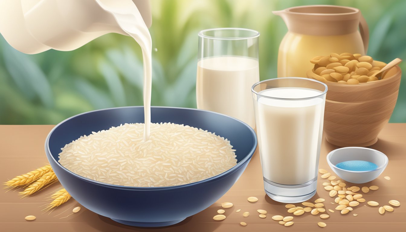 A glass of rice milk being poured into a bowl of cereal, with a carton of cow's milk next to it