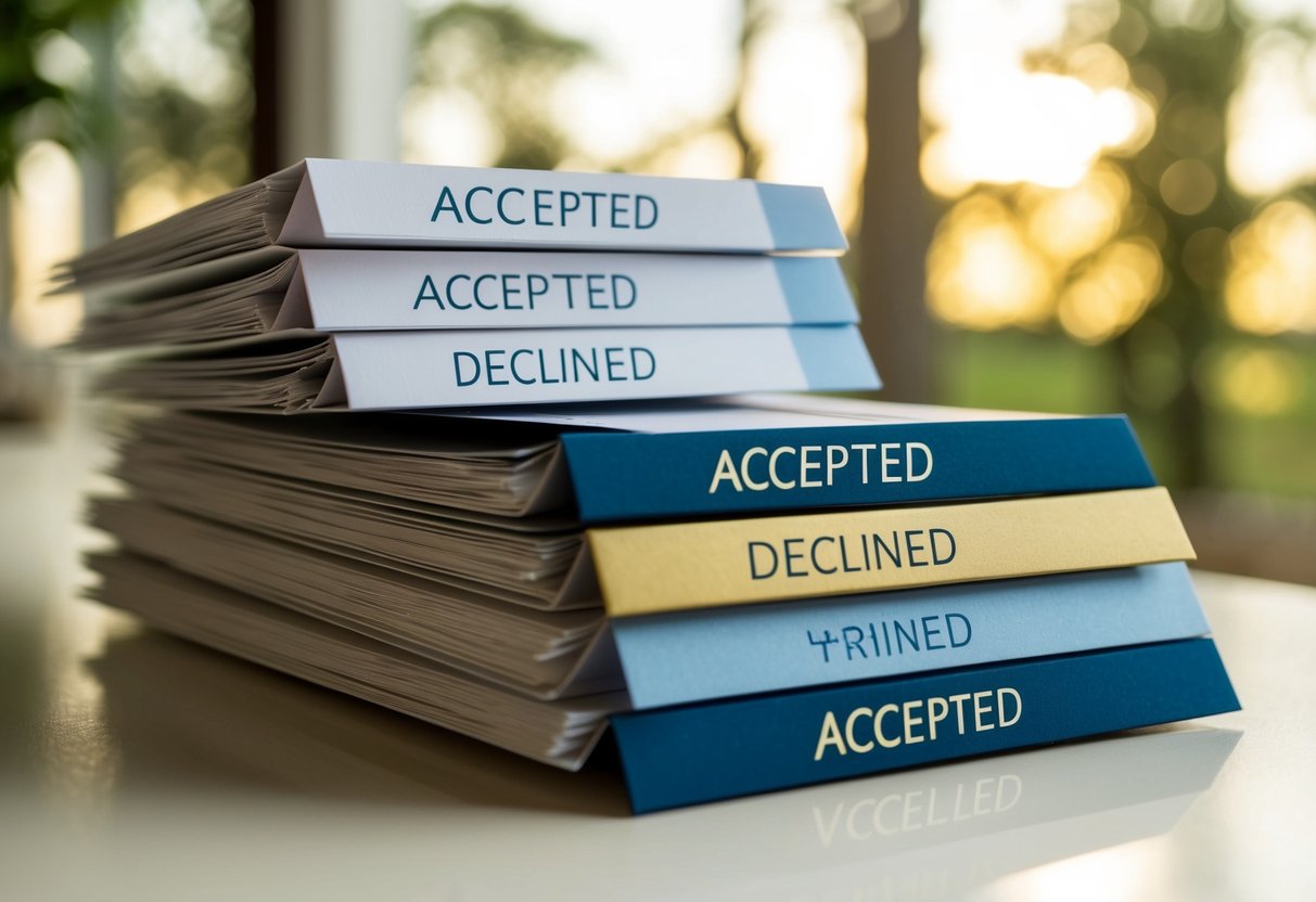 A stack of accepted and declined wedding invitations, with a majority of them marked as accepted