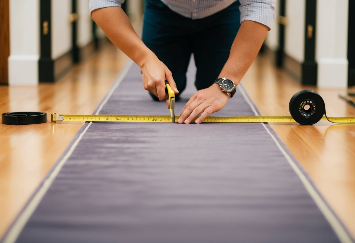 A long aisle runner being measured and cut to size by a person with a measuring tape and scissors