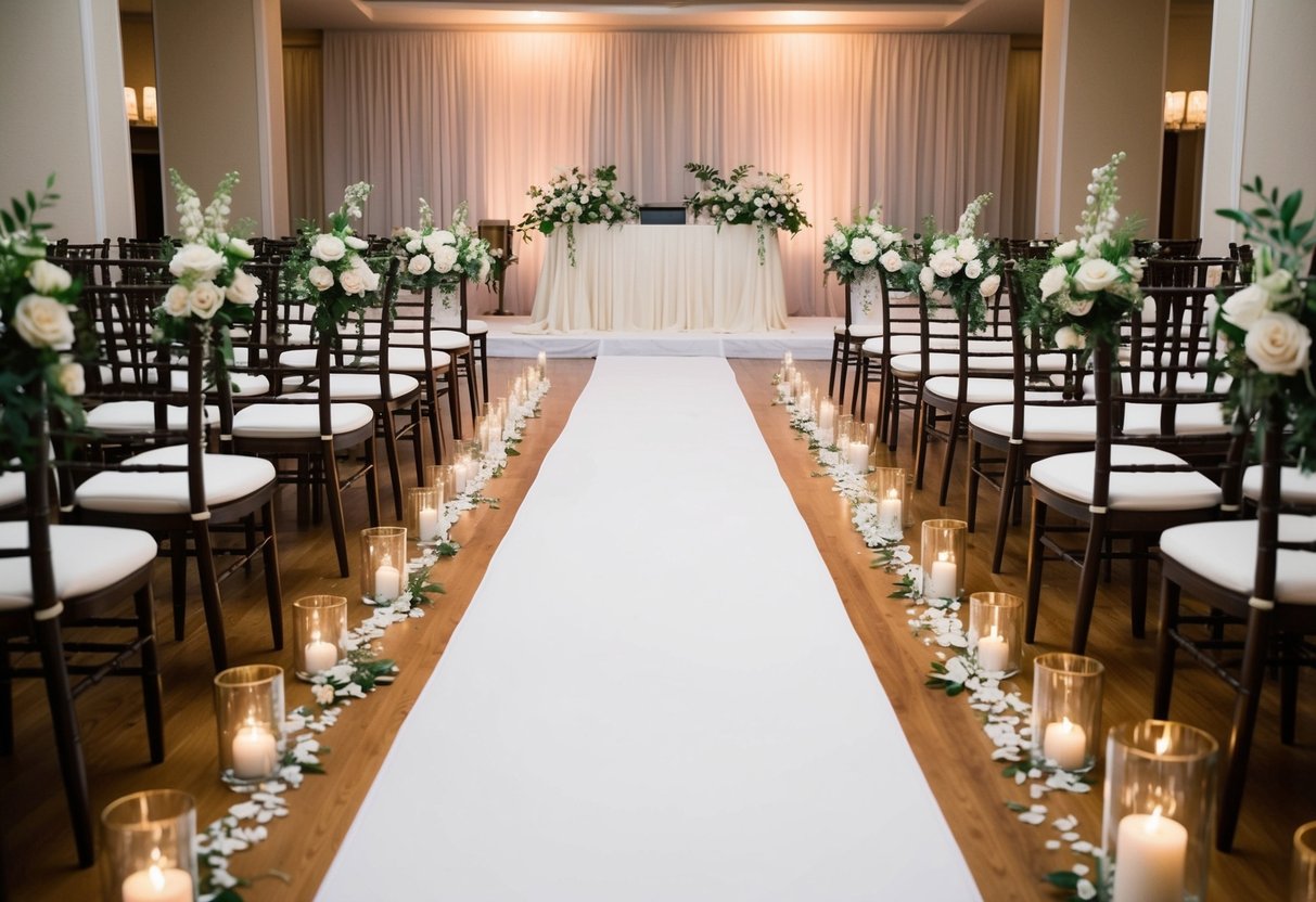 A long aisle runner stretches down the center of a spacious venue, leading to an elegant altar adorned with flowers and soft lighting
