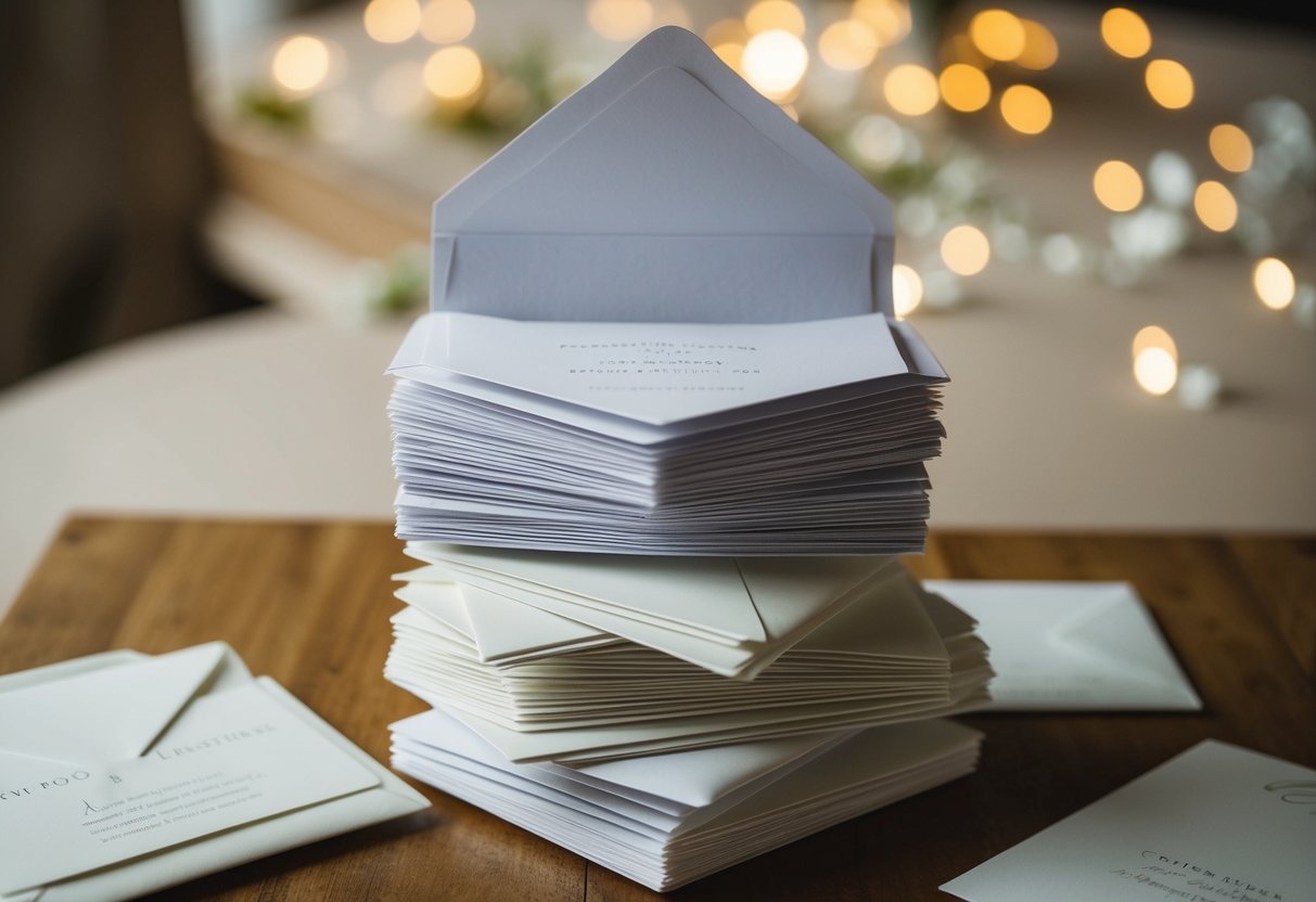 A stack of wedding invitations with a mix of opened and unopened envelopes, some with RSVP cards inside