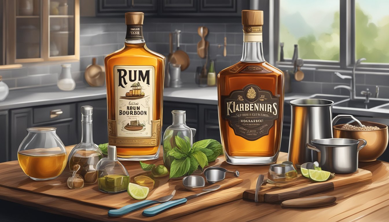 A bottle of rum and bourbon on a kitchen counter surrounded by various cooking ingredients and utensils