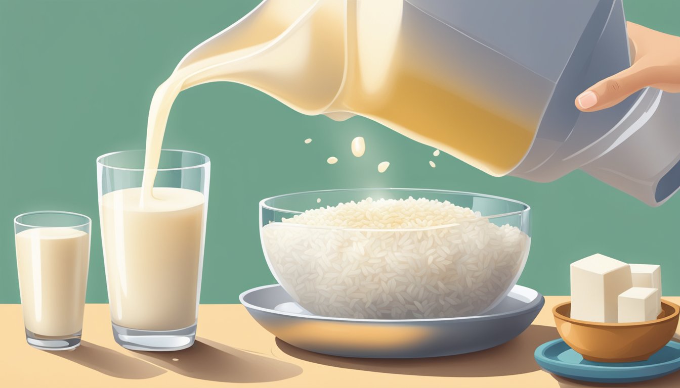 A person pouring rice milk into a glass, with a carton of cow's milk next to it