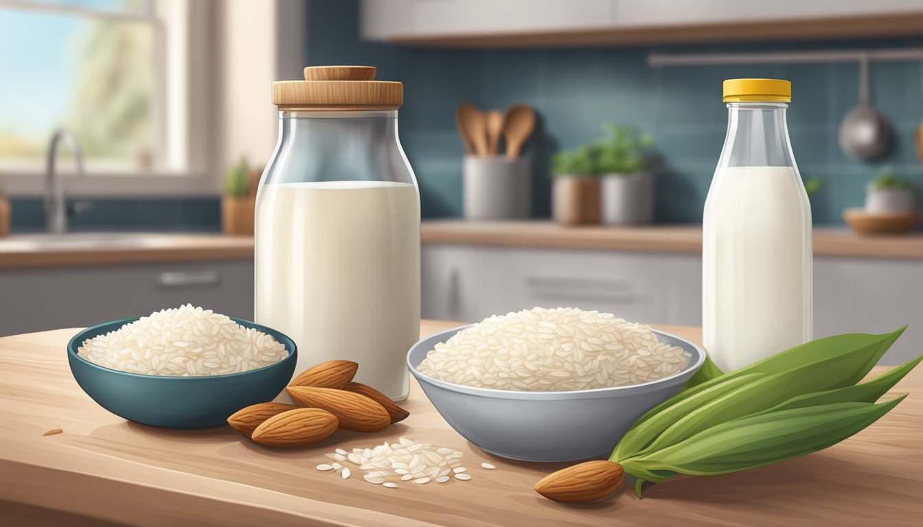 A kitchen counter with ingredients for vegan recipes, including a carton of rice milk and a bowl of almonds