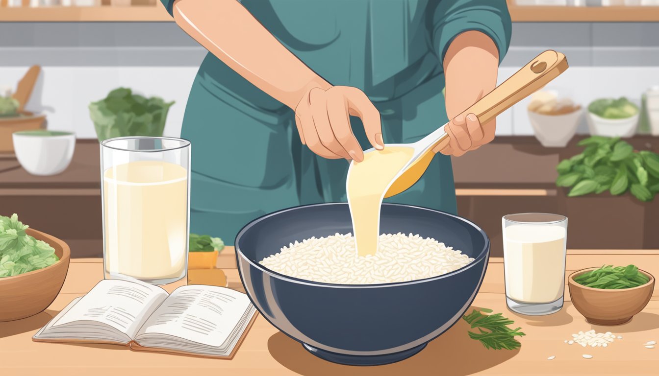 A person pouring rice milk into a measuring cup, with a bowl of ingredients and a recipe book open to a vegan recipe in the background