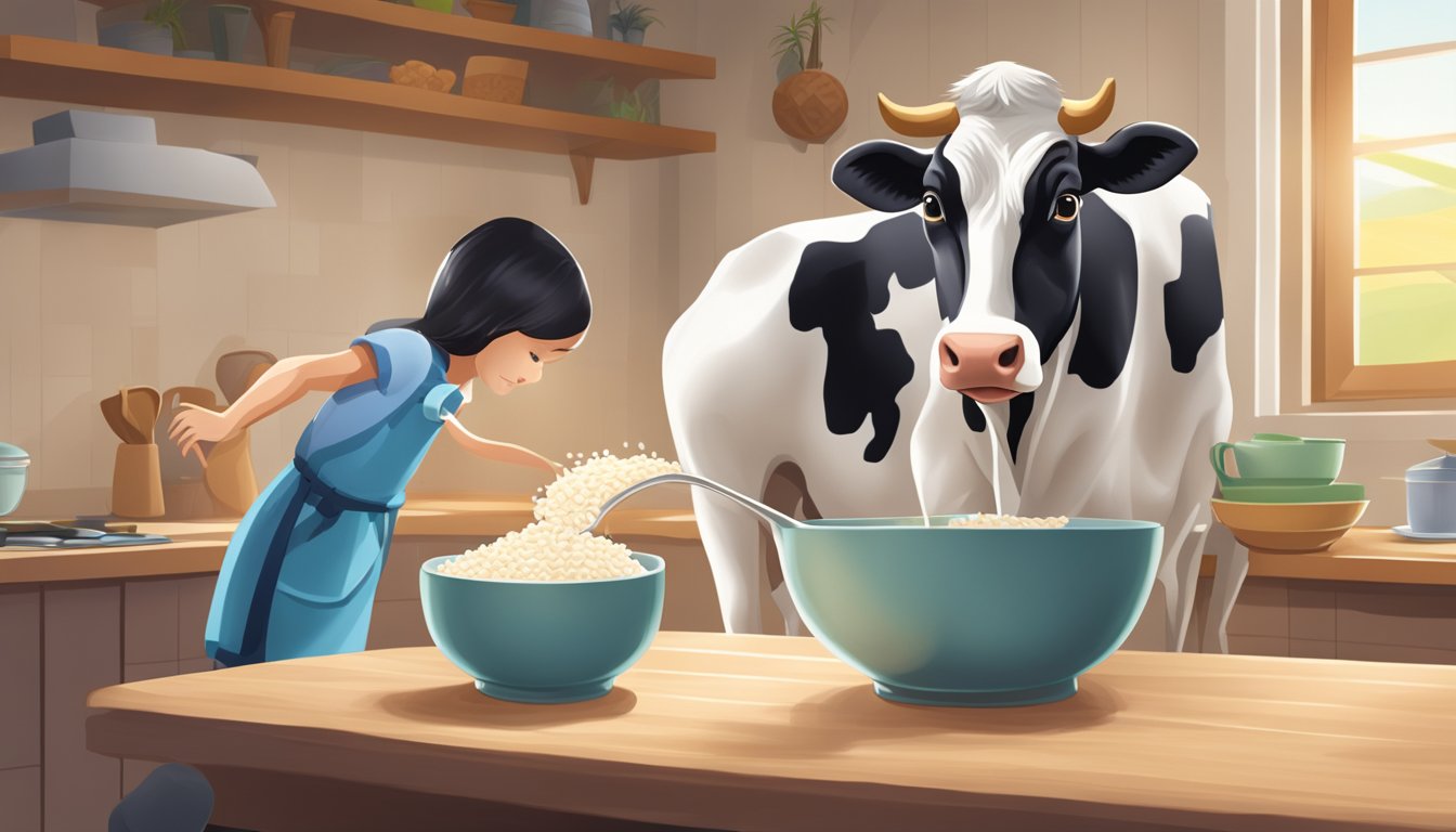 A pitcher of rice milk pouring into a bowl of cereal, with a cow looking on curiously from the background