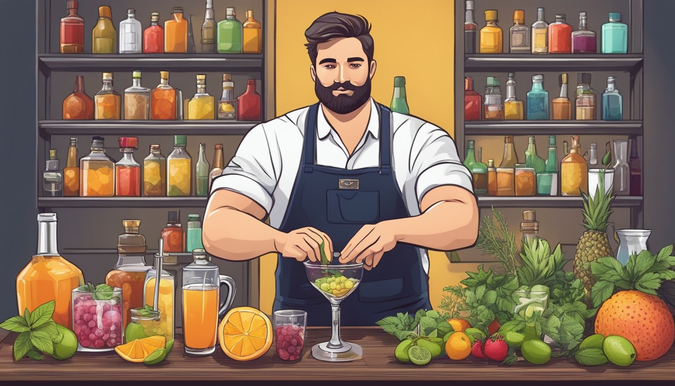 A bartender pours bourbon into a cocktail shaker, surrounded by unique ingredients like fresh fruit, herbs, and specialty mixers