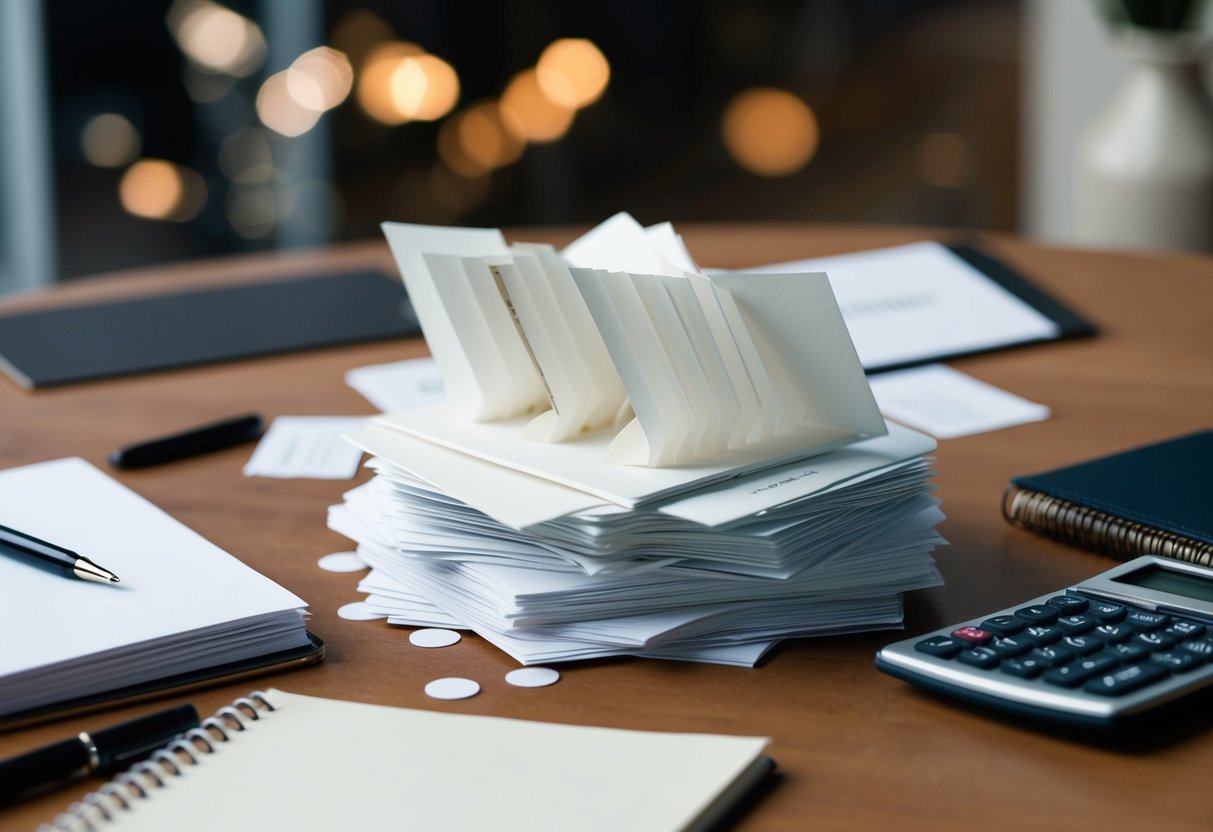 A stack of wedding invitations with some opened and scattered on a table, surrounded by a pen, a notebook, and a calculator