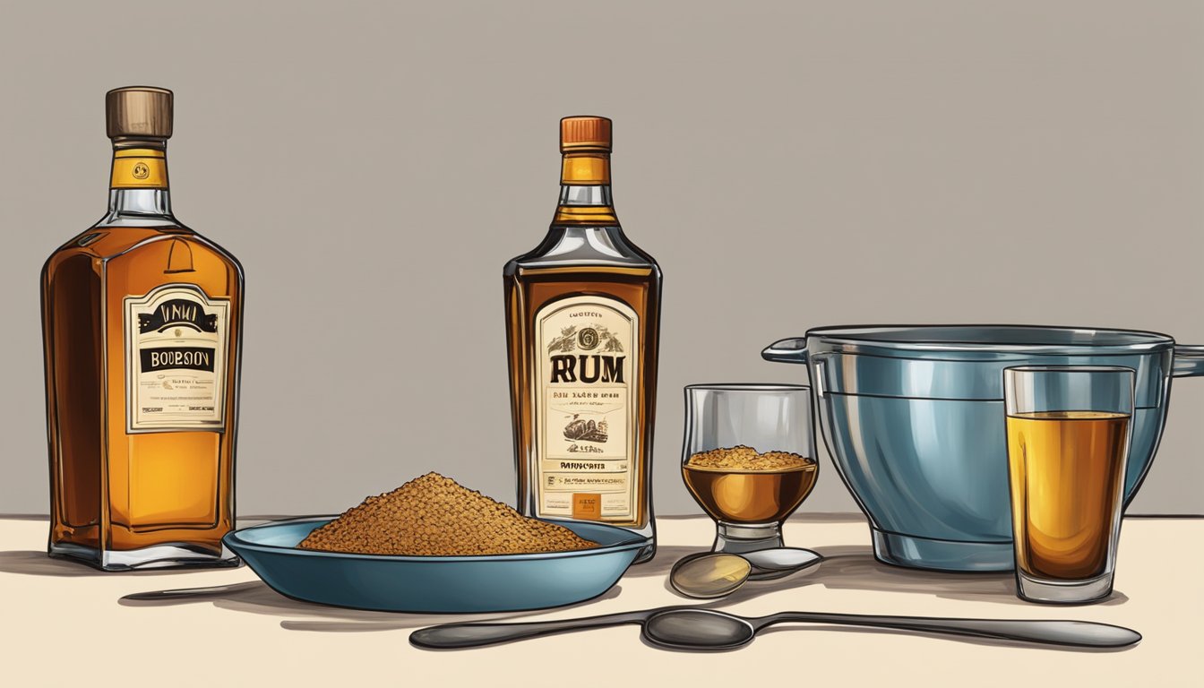 A bottle of rum and bourbon side by side, with measuring spoons and a mixing bowl on a kitchen counter