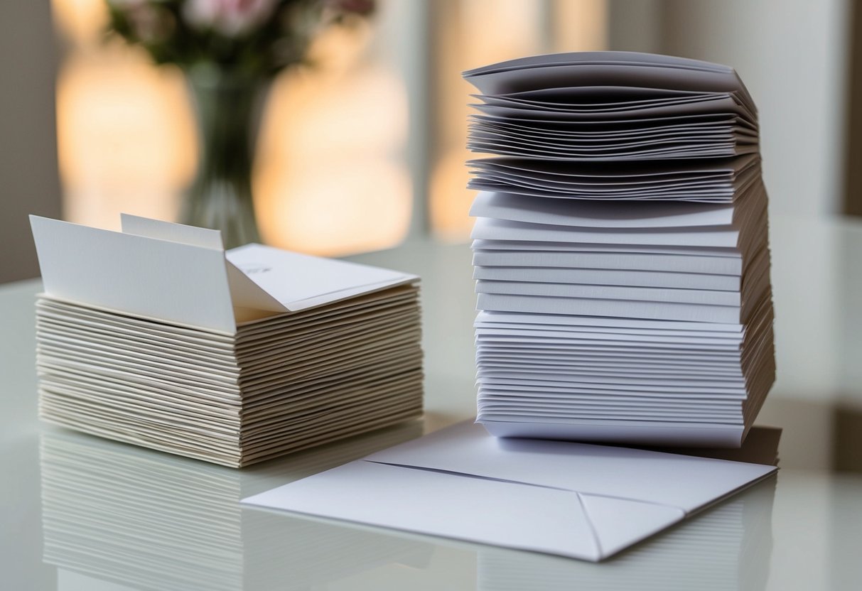 A stack of opened and unopened wedding invitations, with a majority of them neatly arranged in a pile, and a smaller pile of unopened ones off to the side