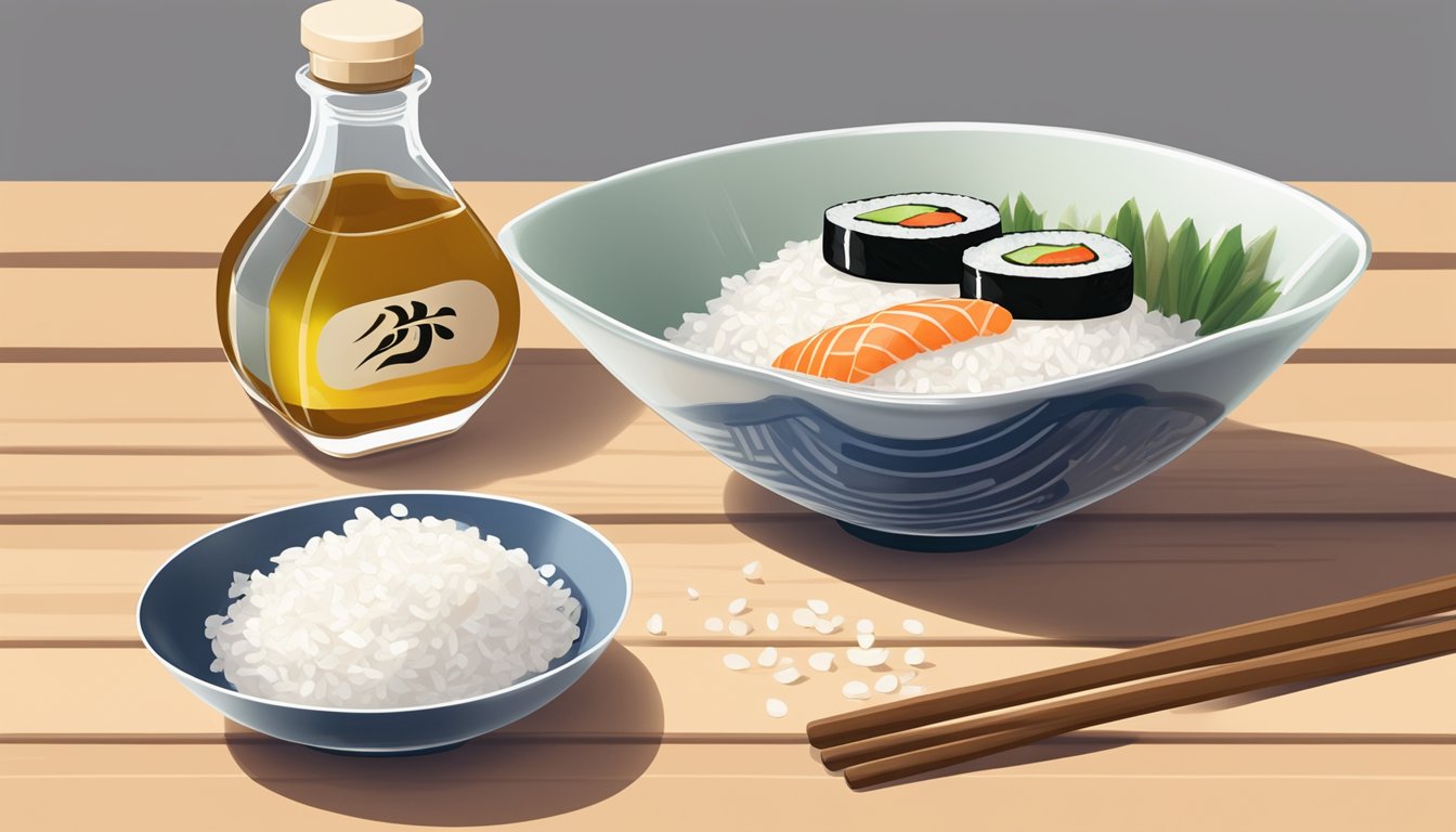 A small bowl of sushi rice being drizzled with rice vinegar, with a bottle of white vinegar next to it