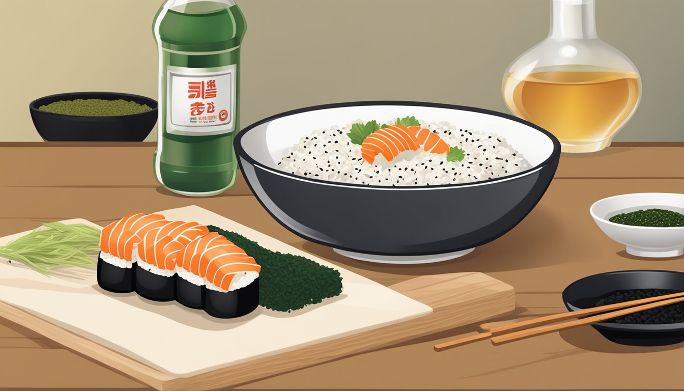 A bottle of rice vinegar pouring into a bowl of sushi rice, with a sushi rolling mat and nori sheets in the background