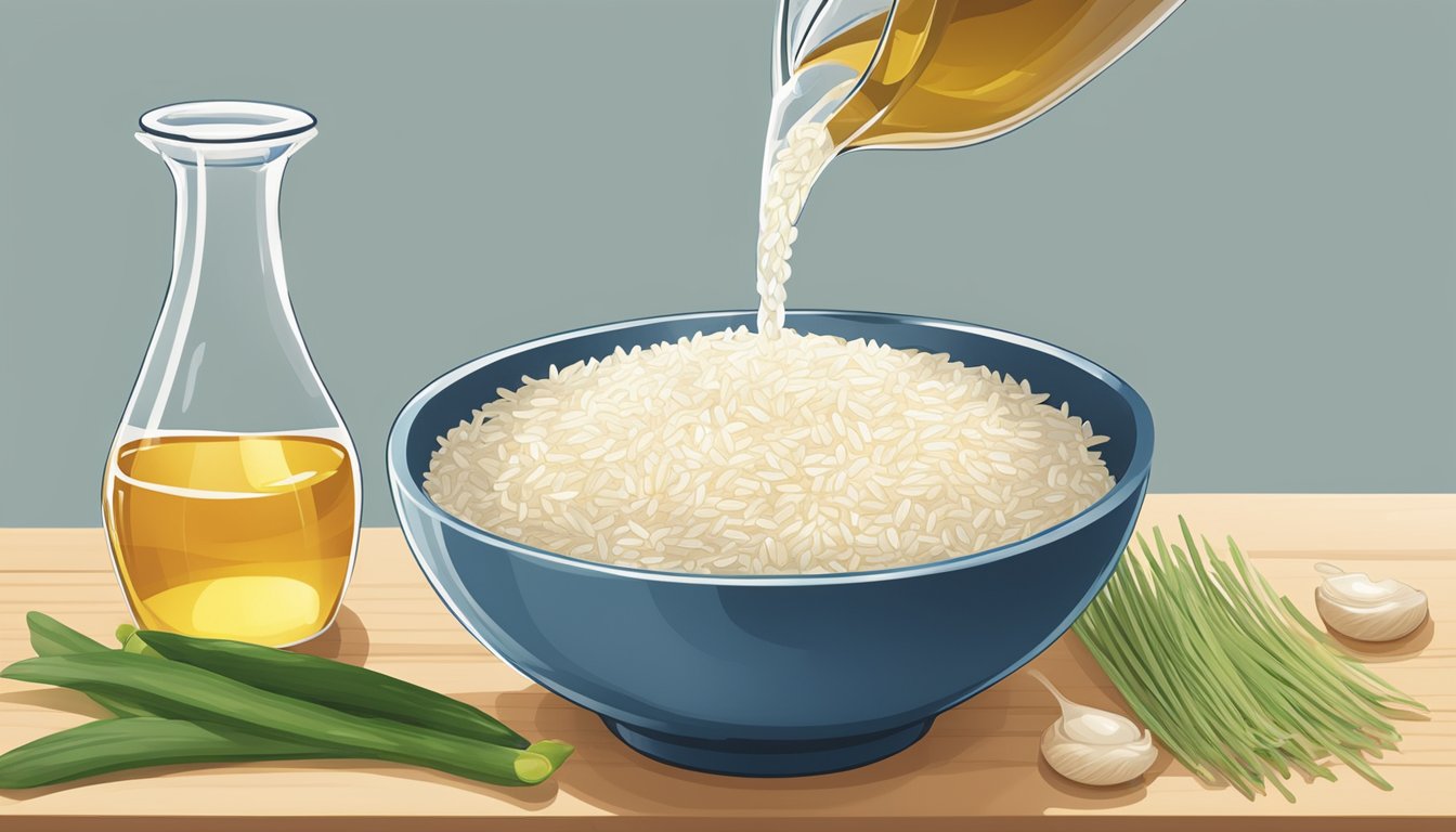 A bottle of rice vinegar being poured into a bowl of ingredients in place of white vinegar