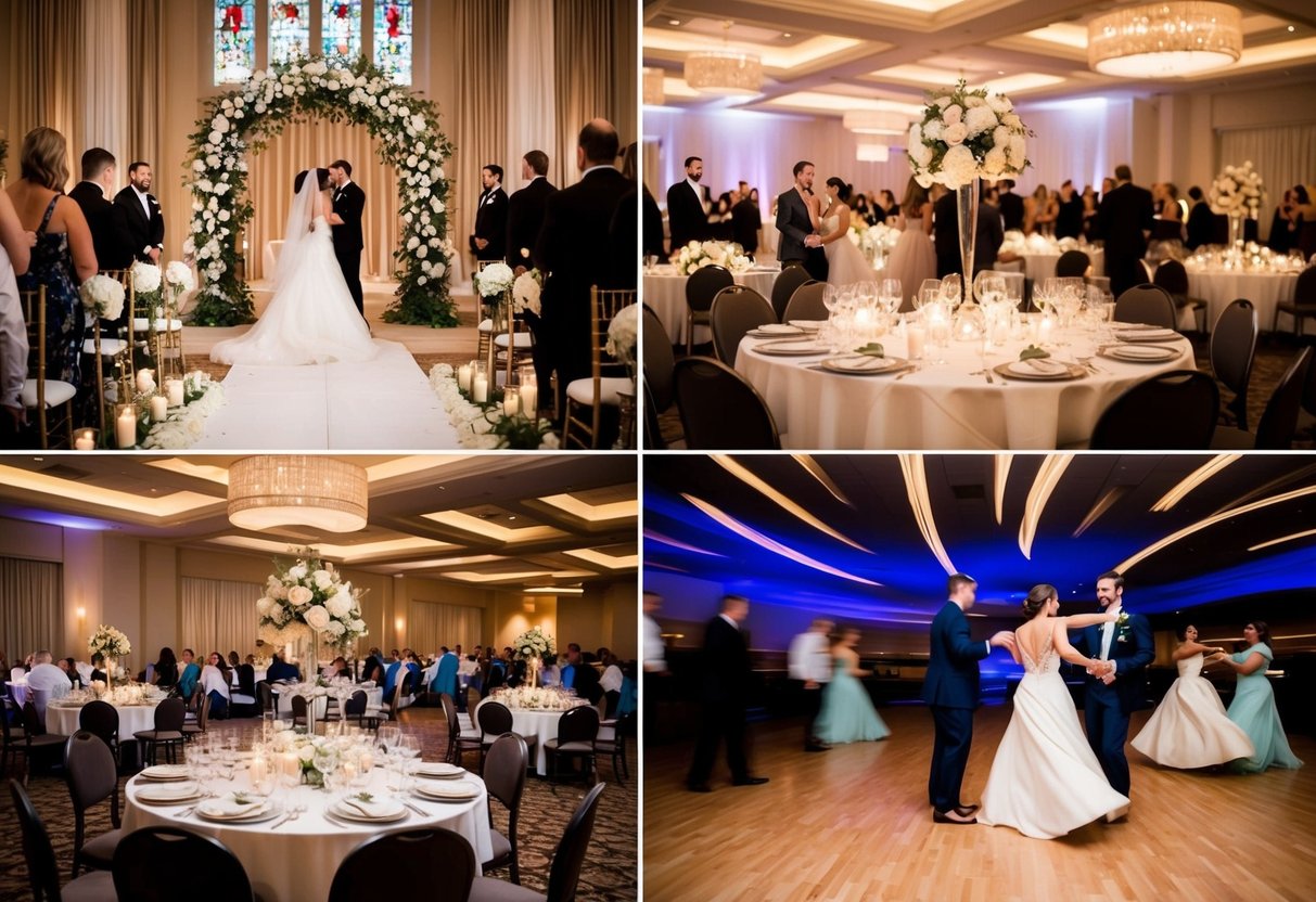 1. Ceremony: A flower-covered arch stands at the altar. 2. Reception: Tables are set with elegant centerpieces and place settings. 3. Dance: Guests twirl on a spacious dance floor under twinkling lights