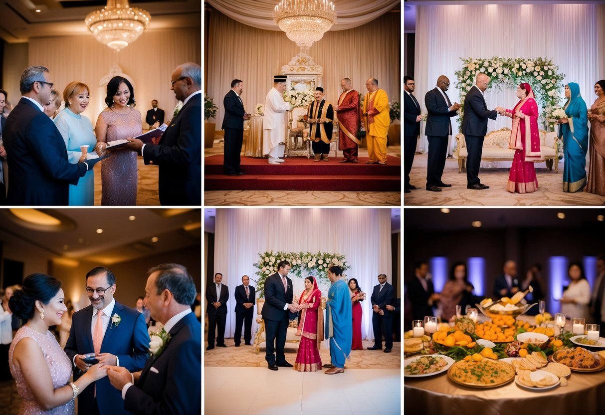 Stage 1: Families negotiate terms. Stage 2: Ceremony with rituals. Stage 3: Festive reception with food and entertainment