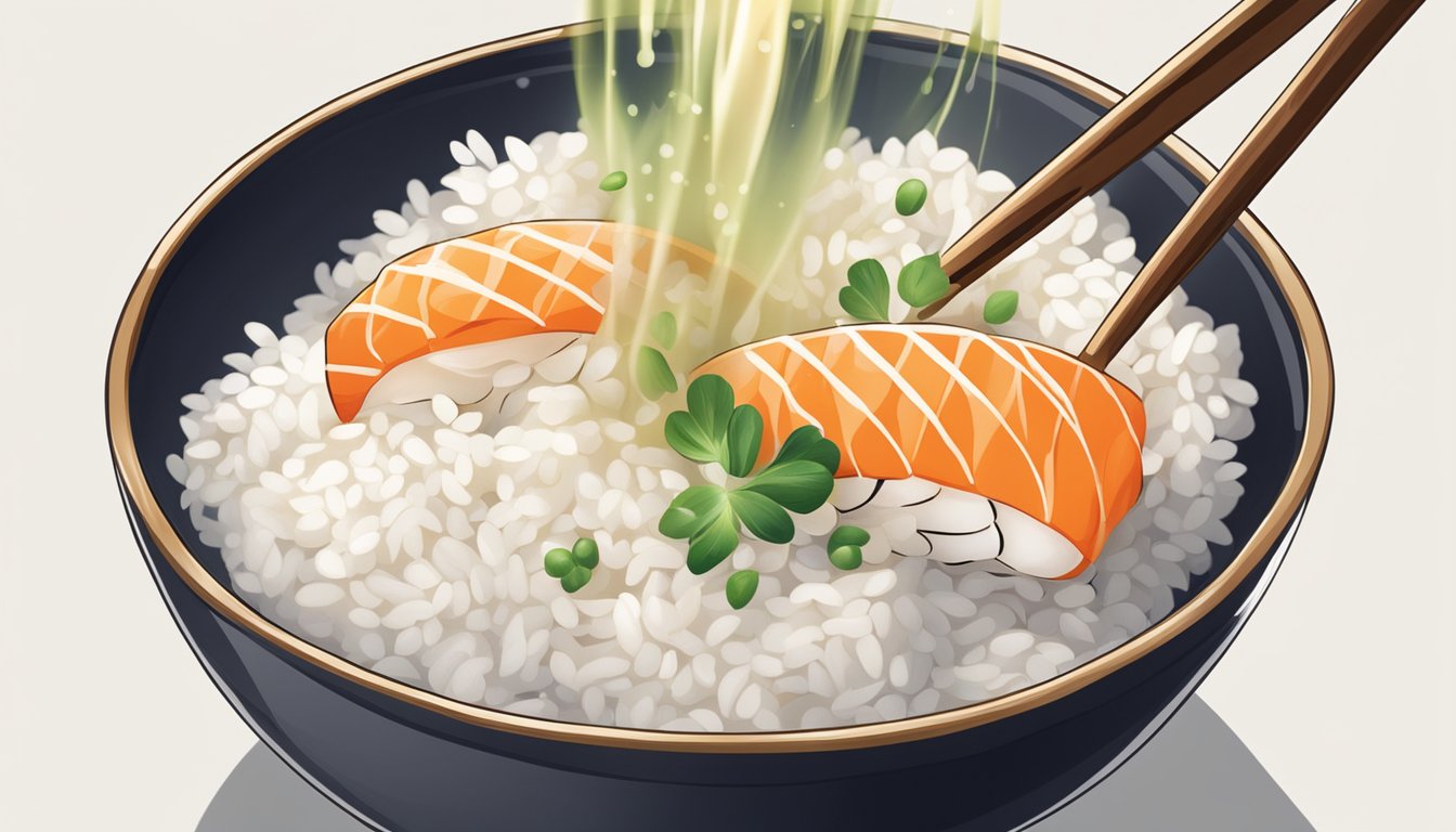 A bowl of cooked sushi rice with a splash of rice vinegar being poured into it