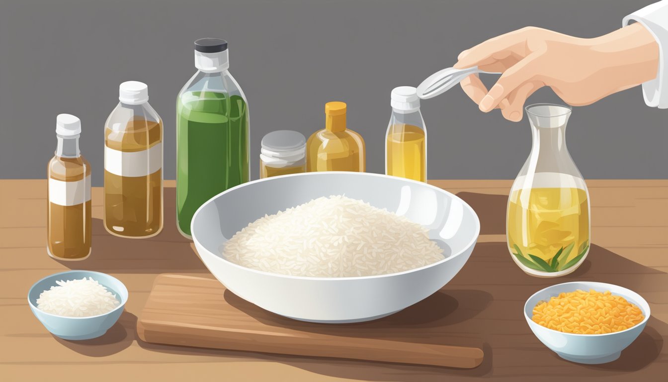 A chef pouring rice vinegar into a measuring cup, with a bottle of white vinegar nearby. Ingredients and cooking utensils scattered on the kitchen counter