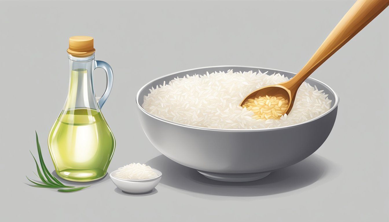 A bottle of rice vinegar next to a bowl of white vinegar, with a measuring spoon pouring the rice vinegar into the bowl