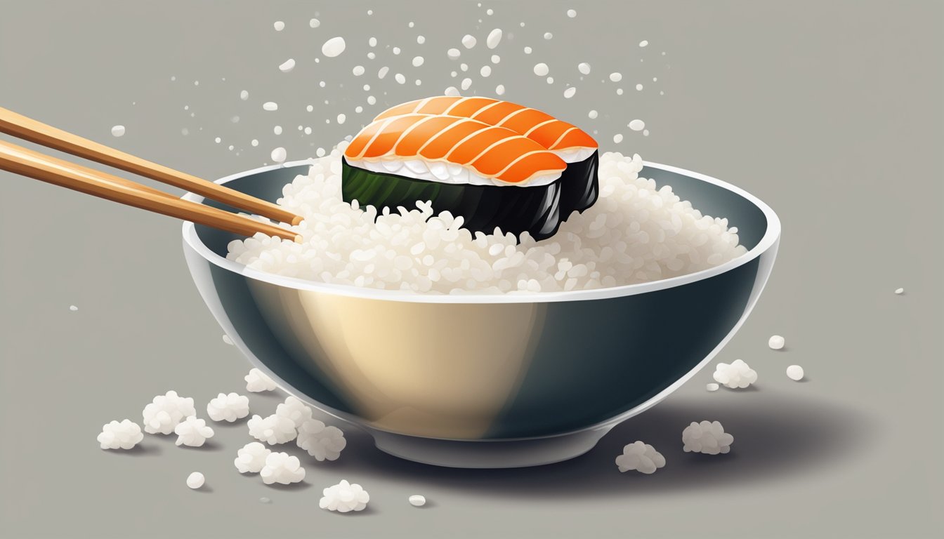 A small bowl of sushi rice with a splash of rice vinegar being poured in from a bottle