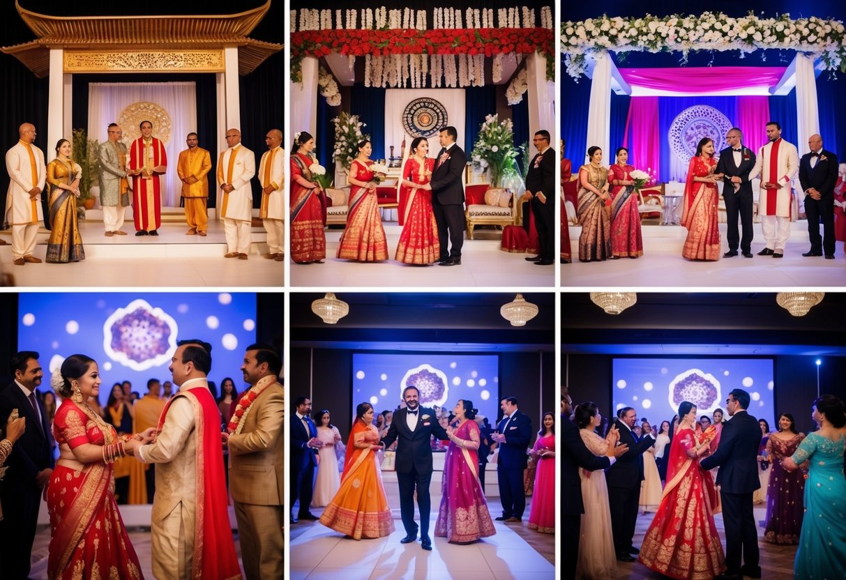 Stage 1: Traditional ceremony with cultural rituals. Stage 2: Fusion of modern and traditional elements. Stage 3: Festive reception with music and dancing