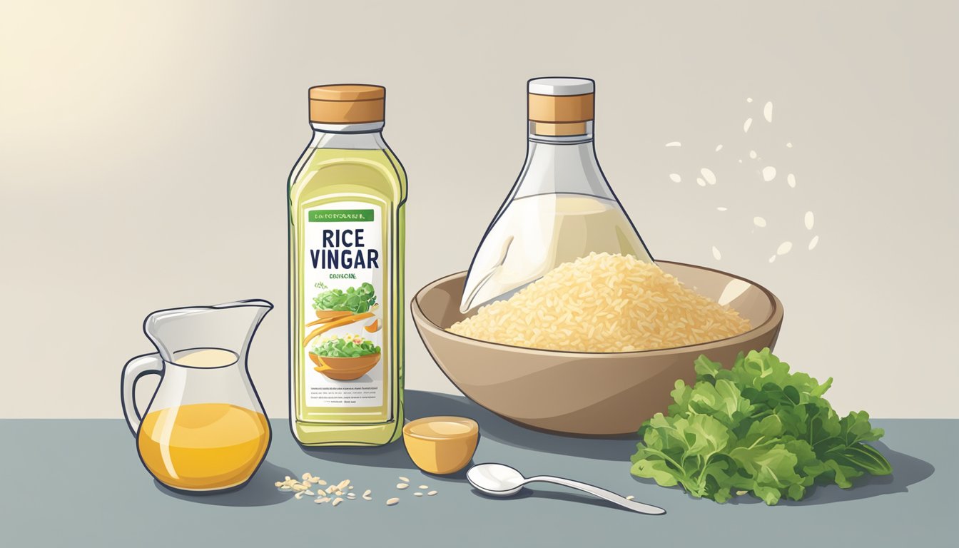 A bottle of rice vinegar sits next to a recipe, with a measuring spoon pouring its contents into a bowl of salad dressing