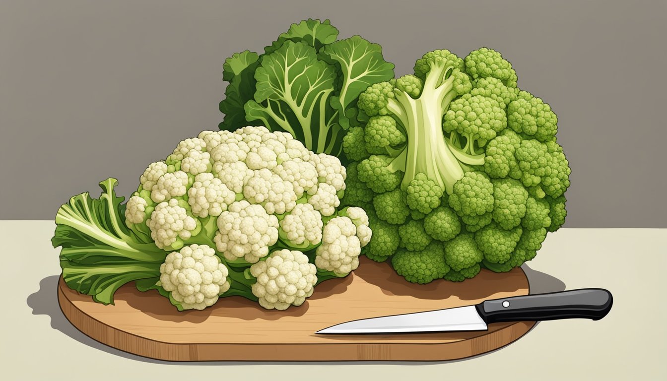 A Romanesco and cauliflower side by side, with a chef's knife and cutting board nearby