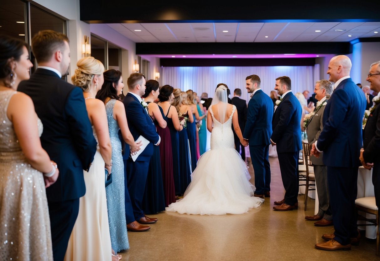 Guests forming a line to greet newlyweds at a reception