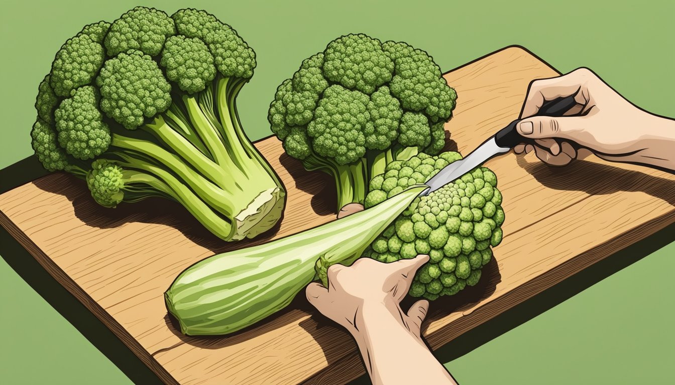 A hand reaching for Romanesco with a knife and cutting board nearby, ready to prepare the vegetable as a substitute for cauliflower