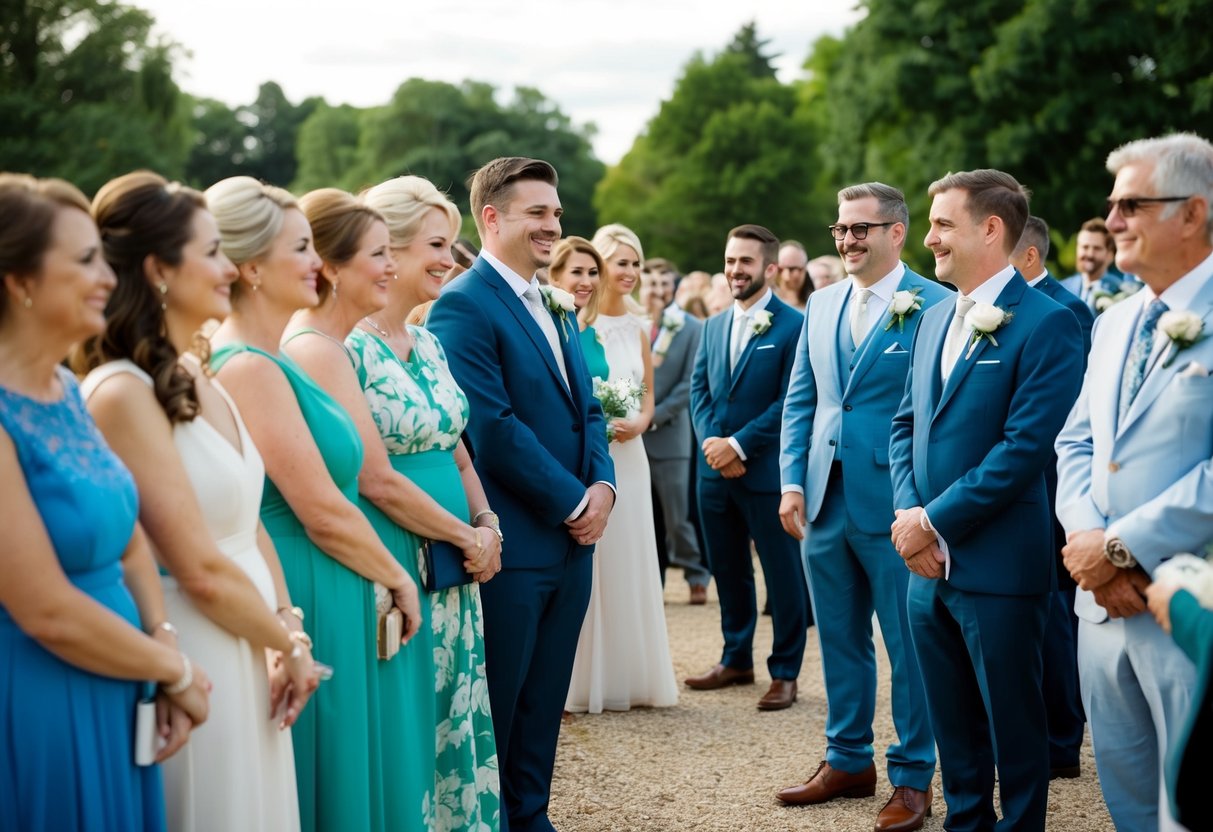 A line of wedding guests waiting to greet the newlyweds with smiles and congratulations