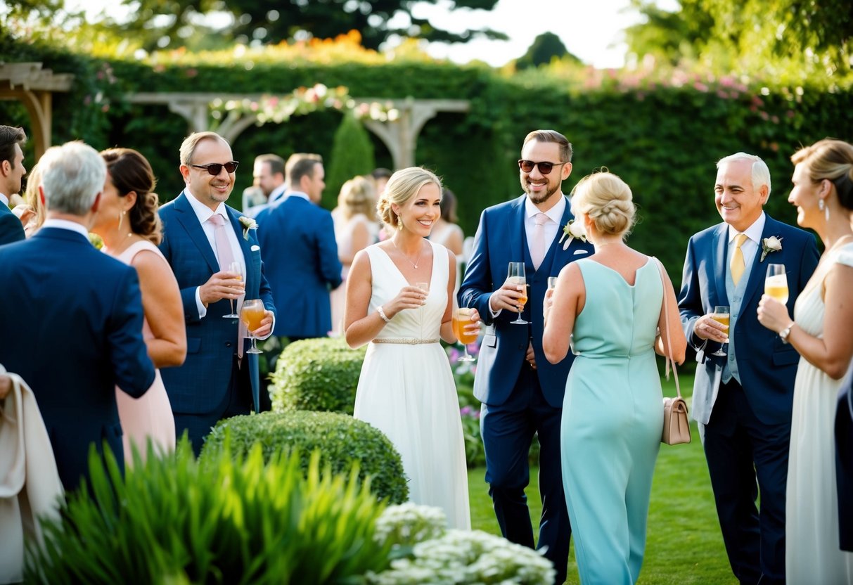 Guests mingling in a garden, sipping drinks and chatting. A couple stands nearby, smiling and welcoming guests as they arrive for the wedding