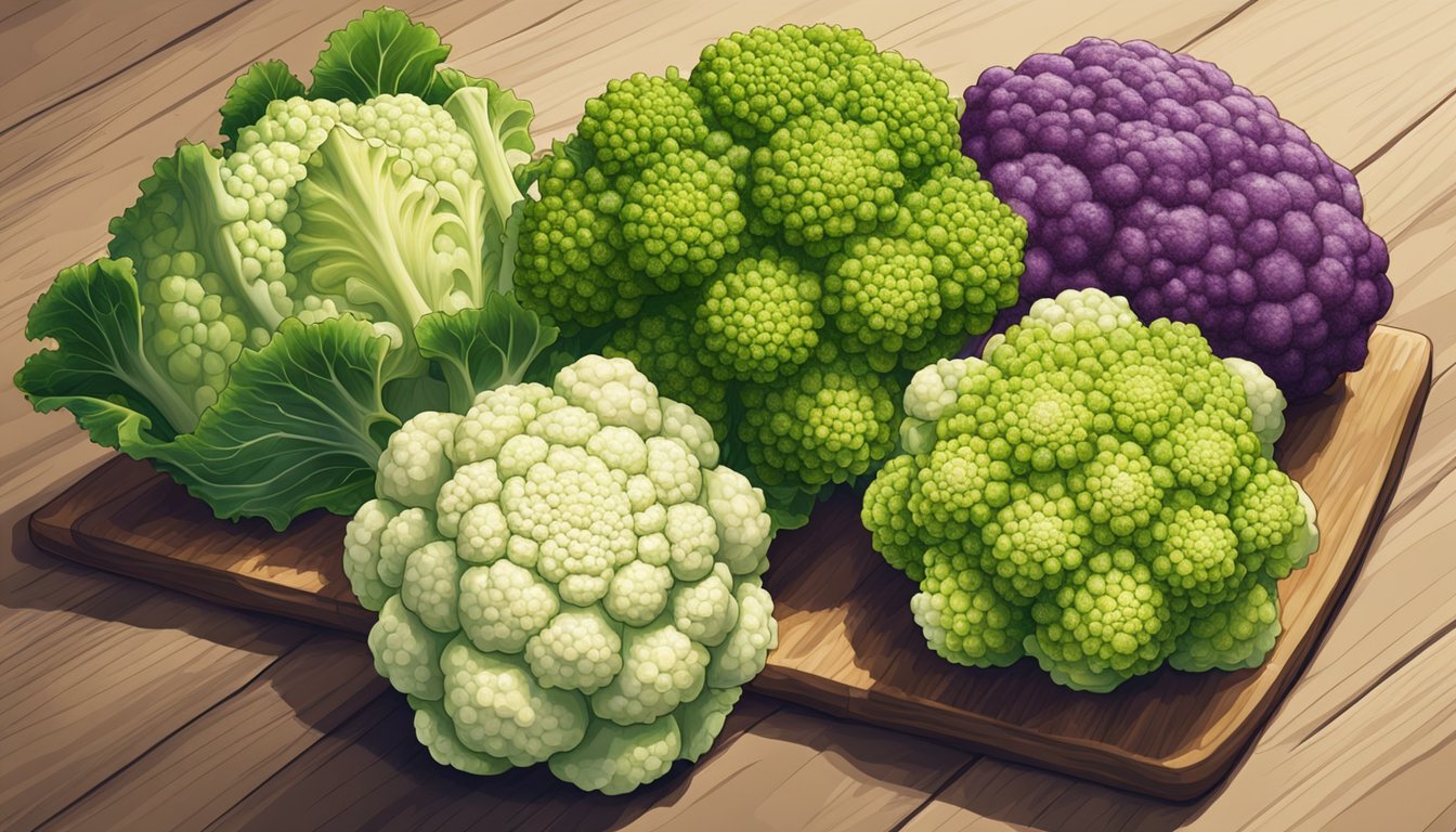 A romanesco and cauliflower side by side on a cutting board