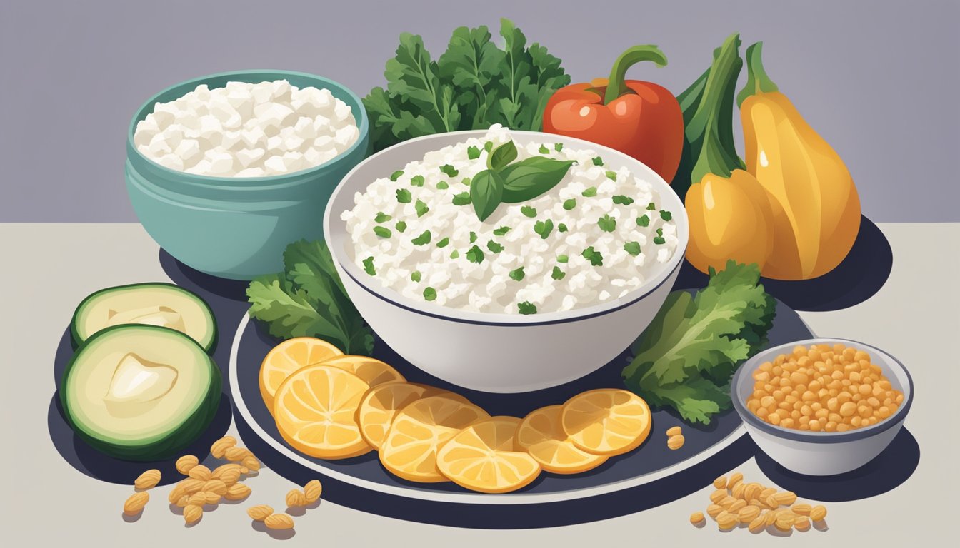 A bowl of ricotta sitting next to a plate of cottage cheese, with various food items surrounding them, such as vegetables, fruits, and grains